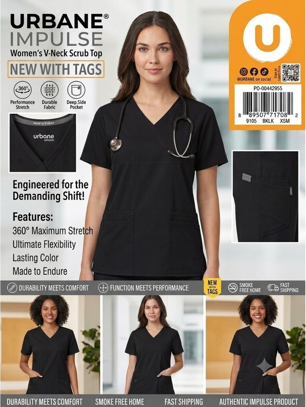 URBANE IMPULSE Women's V-Neck Medical Scrub Top Size XS